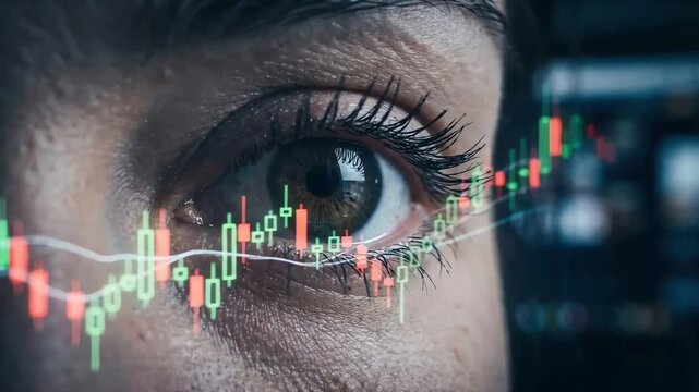 Human eye monitoring financial stock market candlestick charts