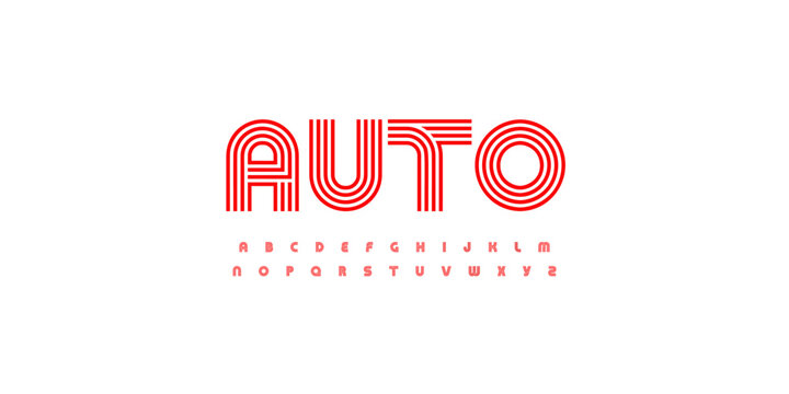 Striped Retro Sport Font Linear Logo Outline Alphabet Geometric Pattern Letter Set Modern Typography. Creative Typographic Design for Road Title Soccer Poster Headline. Bauhaus Fonts. Vector Typeface