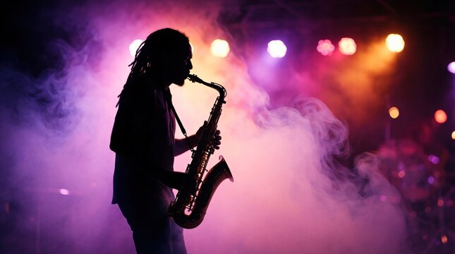 Silhouette of male musician playing saxophone on stage. Jazz performer blows instrument during live concert with colorful foggy background. Man with dreadlocks performs solo in nightclub under purple