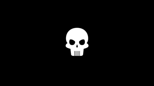 Minimalist white skull graphic with digital glitch effects and chromatic aberration on a plain black background.