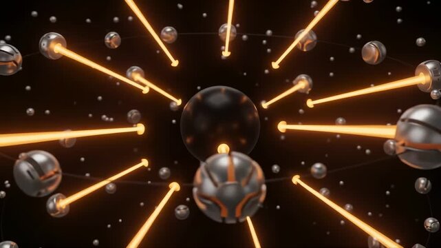 Silver micro data nodes flashing with bright orange light processing abstract particles on the periphery before sending unified beams to a core representing edge computing network.