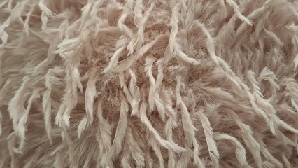 Beige fluffy shaggy faux fur fabric with fringe elements. Macro soft texture background, cozy home textile blanket pattern, comfortable interior decor details. © Studenkova