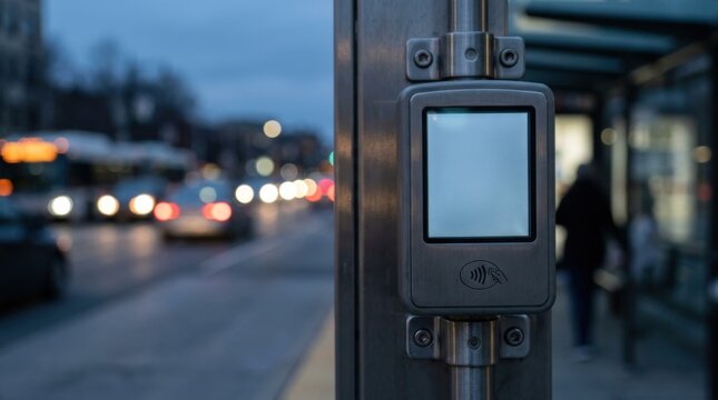 Smart transit card reader kiosk at a bus stop with a glowing screen and metal mounting bracket