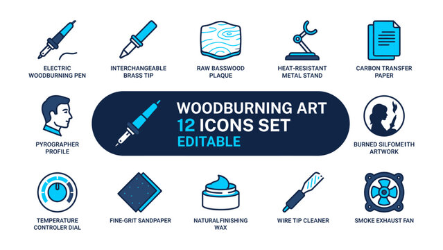 Woodburning Art Icons Set: A comprehensive collection of 12 editable icons showcasing various tools and elements essential for woodburning art, from pyrography pens to finishing wax.