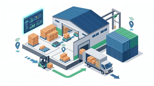 Isometric warehouse logistics with automated robots and freight shipping