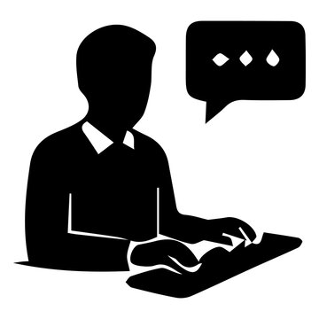 Professional customer service agent typing on keyboard black icon vector graphic art.