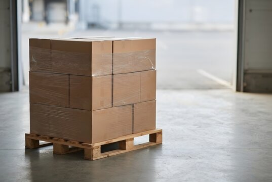 Stretch wrapped pallet of cardboard boxes at warehouse loading dock