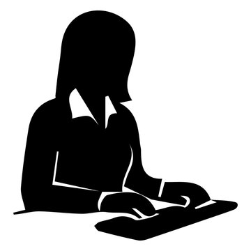 Woman office worker typing on computer keyboard black icon flat vector design style.