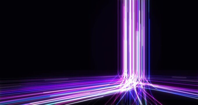 Neon light streams converging from horizontal to vertical on black