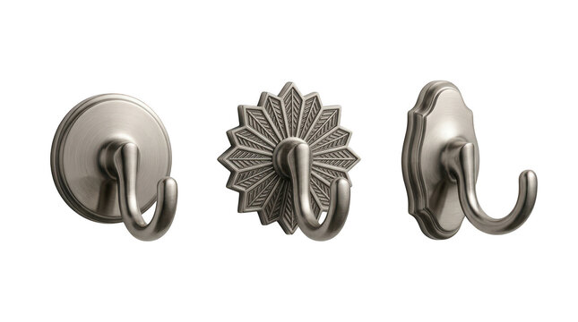 Set of three decorative metal wall hooks isolated on transparent background