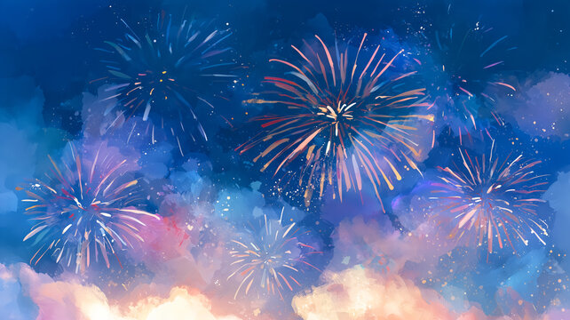 夏の夜空に広がる華やかな花火大会の水彩イラスト背景