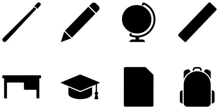 Minimalist school icon set vector graphics, black education silhouette symbols, simple student supplies glyph set
