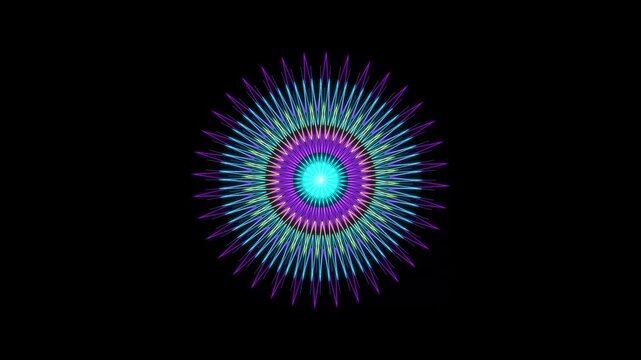 Abstract glowing mandala pattern rotating slowly on black background with subtle blue and pink light effects
