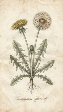 Classic botanical illustration of Taraxacum officinale, a nostalgic piece for meadow wall art