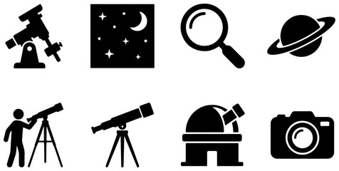 Astronomy icons set of 8 black silhouettes, space exploration vector symbols, telescope observatory and planet graphic collection © Khairul
