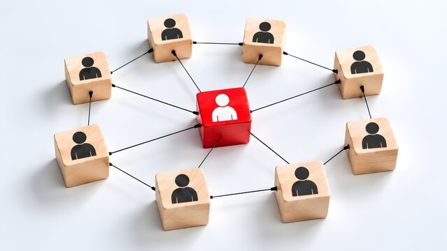 Business networking concept wooden blocks connected human icons, central red leader block symbolizing team management leadership