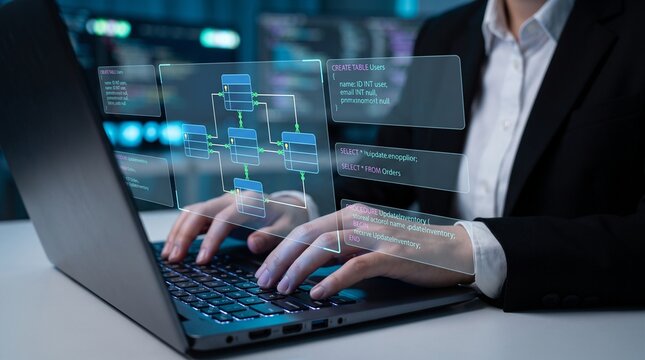 relational database architecture and data modeling interface. entity relationship diagram with glowing table schemas. software engineer typing sql queries and stored procedures on laptop.

