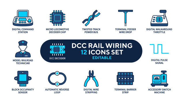 DCC Rail Wiring Icons: A comprehensive set of 12 editable icons illustrating components and tools for digital command control (DCC) rail wiring, including command stations, decoders, throttle.