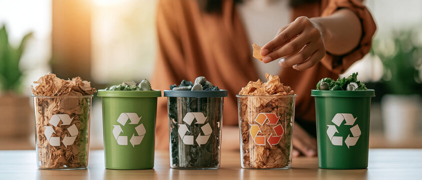 A person is sorting waste into five colorful bins. The bins are labeled with recycling symbols, indicating a focus on waste management and environmental responsibility