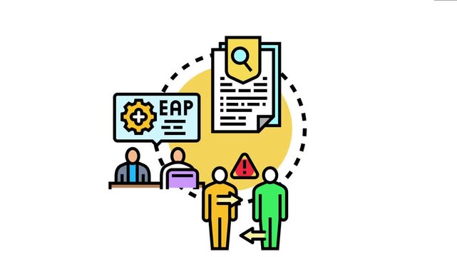 Occupational health standards adherence concept featuring a document review, an employee assistance program - eap - discussion, and workers complying with workplace safety regulations