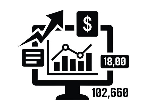 Black vector business growth analytics monitor icon, financial data dashboard chart graphic, screen with upward profit arrow