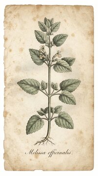 A soothing antique engraving of Melissa officinalis, drawing bees through a sunlit herb garden