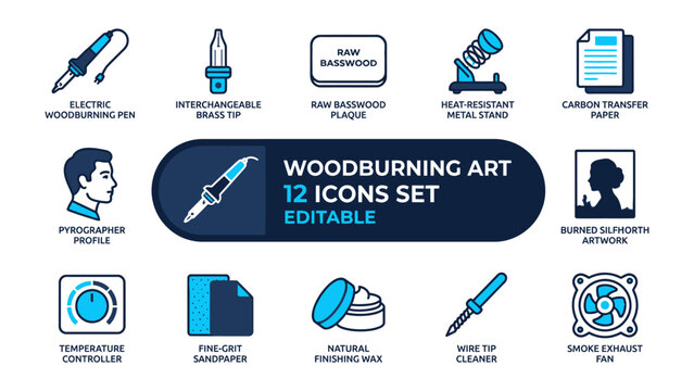 Woodburning Art Icon Set: A comprehensive collection of 12 editable icons representing various tools, materials, and techniques essential for woodburning art, including pyrography pen.