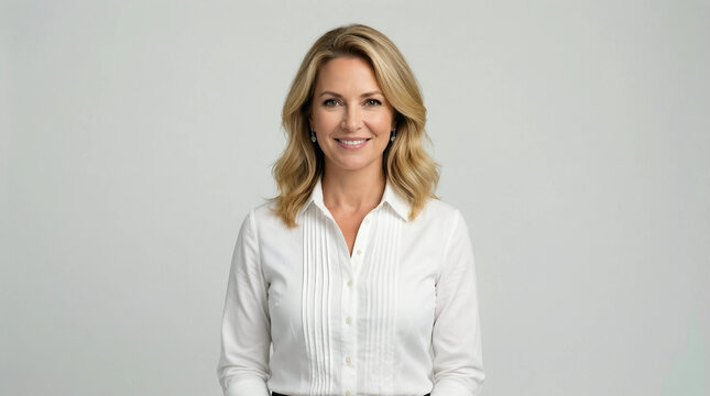 Professional woman in white blouse smiling at camera in studio setting for corporate or media use