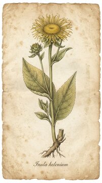 Inula helenium herbarium plate documenting its shaggy bloom and traditional respiratory tonic use