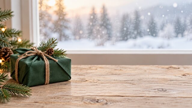 Reusable Green Fabric Wrapped Christmas Gift by Snowy Window on Wooden Table