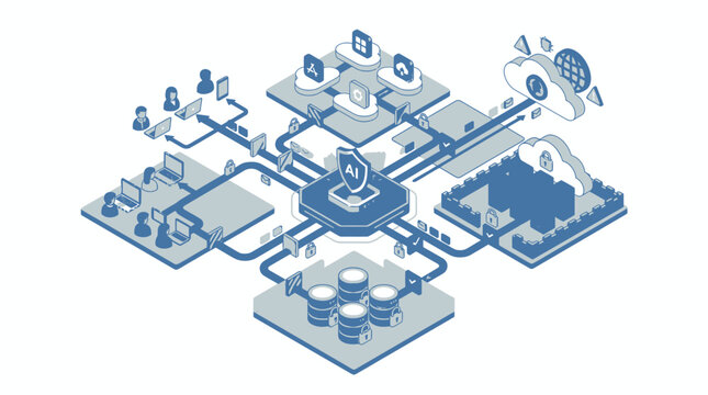 Artificial intelligence data network diagram shows cloud integration, user devices, and central AI processing system in isometric style.