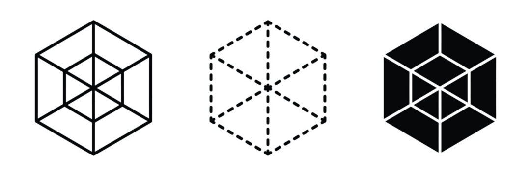 Three cube illustrations showing geometric wireframe, dashed, and solid black forms in isometric style, representing geometry, structure, volume, and 3D design.