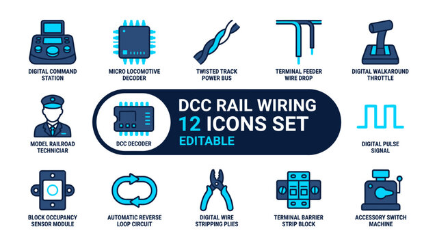 DCC Rail Wiring Icon Set: A collection of vector icons illustrating various components and concepts related to Digital Command Control (DCC) rail wiring for model railroads.