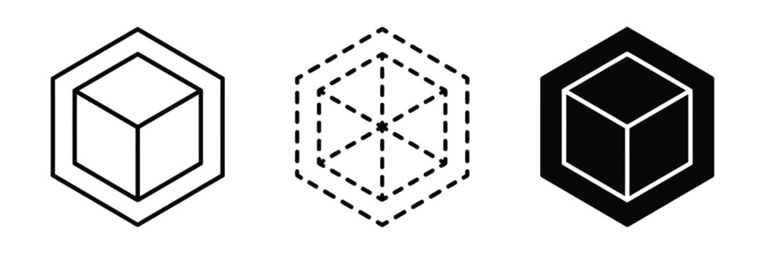 Three cube illustrations showing geometric wireframe, dashed, and solid black forms in isometric style, representing geometry, structure, volume, and 3D design.