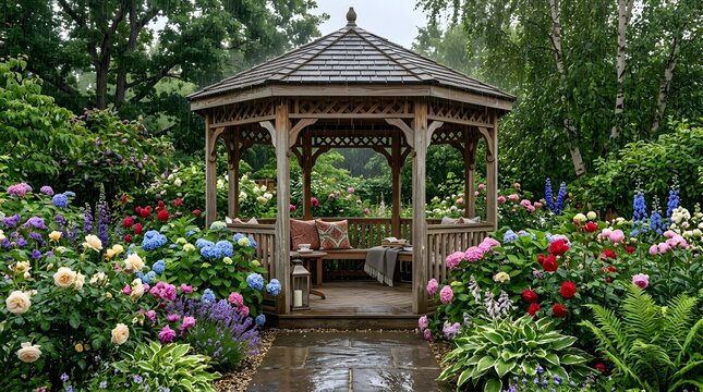 Wooden gazebo in lush blooming flower garden, rustic garden pavilion surrounded by colorful floral landscape, serene summer house retreat