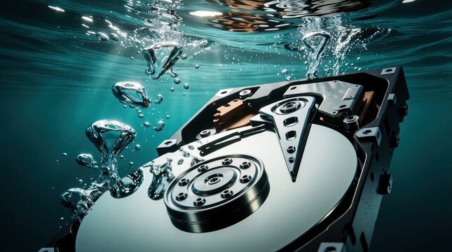 Hard disk drive sinking underwater causing data loss, technology failure. Computer storage device submerged in liquid leading to hardware damage, information corruption. Digital backup disaster with