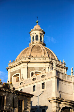 Catania, Italy; 1st September 2026: The majestic baroque dome of the Chiesa della Badia di Sant'Agata in the city center.