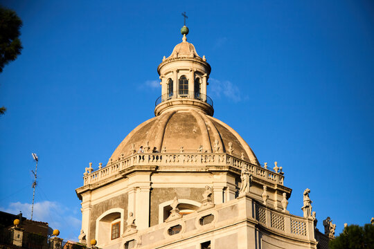 Catania, Italy; 1st September 2026: The majestic baroque dome of the Chiesa della Badia di Sant'Agata in the city center.