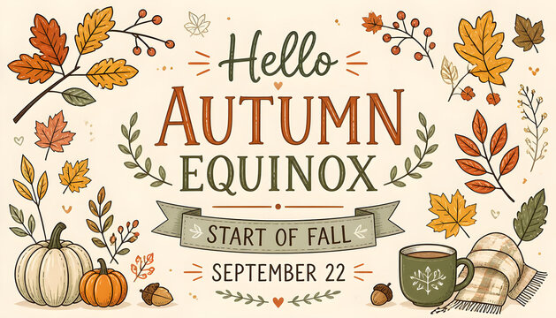 Autumn Equinox Global Hand drawn hello autumn equinox typography illustration featuring colorful seasonal leaves, decorative pumpkins, cozy hot tea mug, and warm harvest elements for fall celebration 
