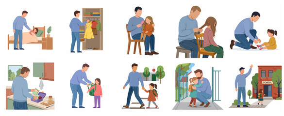 Fototapeta premium Father and daughter morning school routine scenes set, dad helping child with preparation and walking to school, flat vector illustration