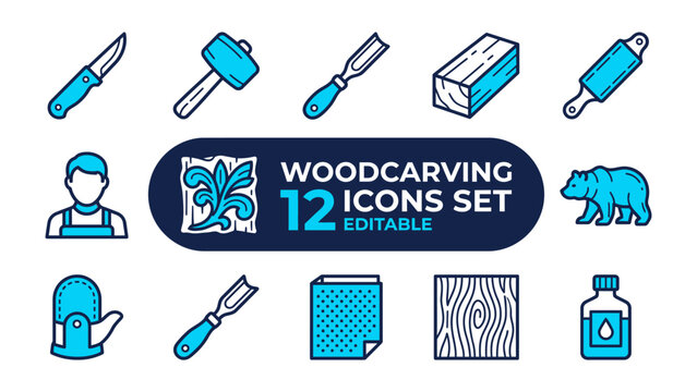 Woodcarving Icon Set: A comprehensive collection of illustrated icons representing various tools and elements used in woodcarving, including chisels, hammers, wood blocks, and a craftsman figure.