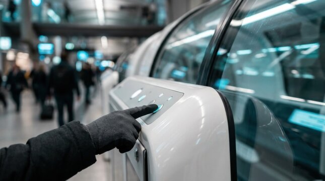 Gloved hand pressing a control panel button beside a hyperloop pod capsule with transparent tube wall in a transit terminal.