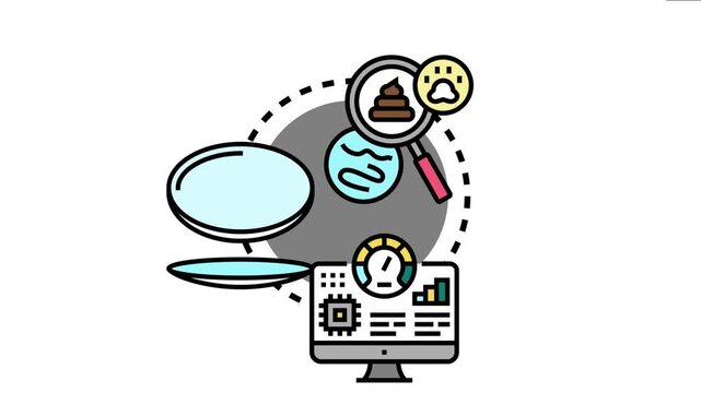 Scientists are observing and examining biological samples through a magnifying glass and a petri dish, analyzing data on a computer screen for veterinary diagnostics and scientific research
