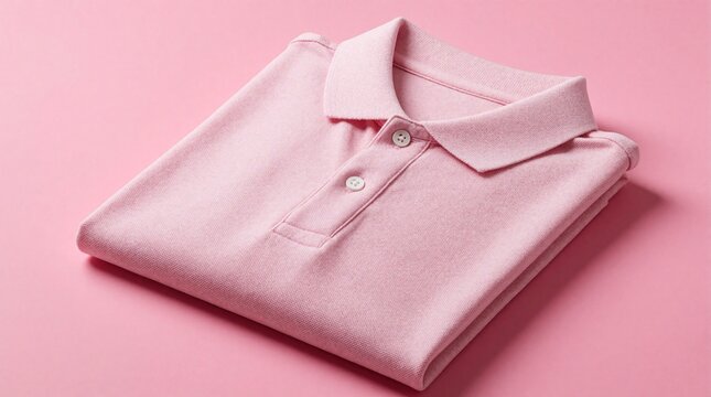 Pink polo shirt laid out flat on pastel pink surface. Casual knit garment features crisp collar, button placket. Soft cotton textile ready for spring summer style shoots, modern fashion use.