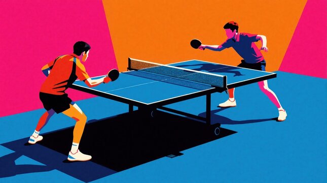 Two male players compete in intense ping pong match. Minimalist pop art illustration shows athletes playing table tennis with paddles, ball. Dynamic action with bold color blocks, bright tones