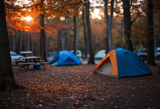 Golden Hour Camping Scene in Autumn Forest with Orange Tent