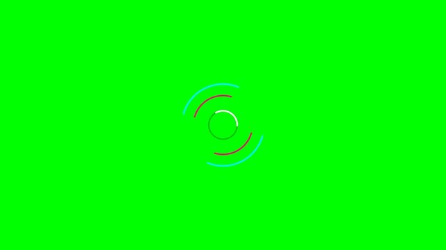 Futuristic double gyroscope loading animation featuring concentric cyan and magenta rings rotating in opposite directions with a fast white circular loading core on a clean green screen background. Se