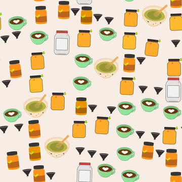 Seamless pattern of jars, cups, and kitchen items