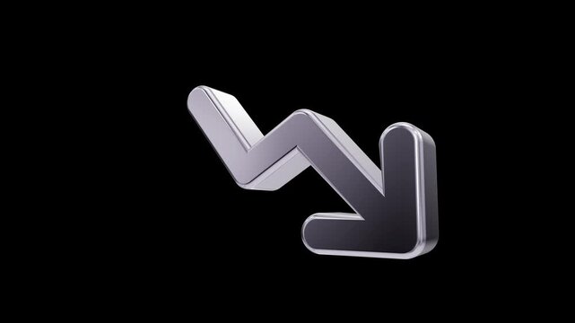 Shiny silver jagged downward trend arrow symbol on black