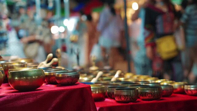 singing bowls made of brass displayed on table at night market, traditional tibetan meditation souvenirs for sale at evening bazaar street stall 4k